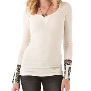 Free People Hyperactive Cuff Waffle Thermal Cream Scoop Neck Long Sleeve Top